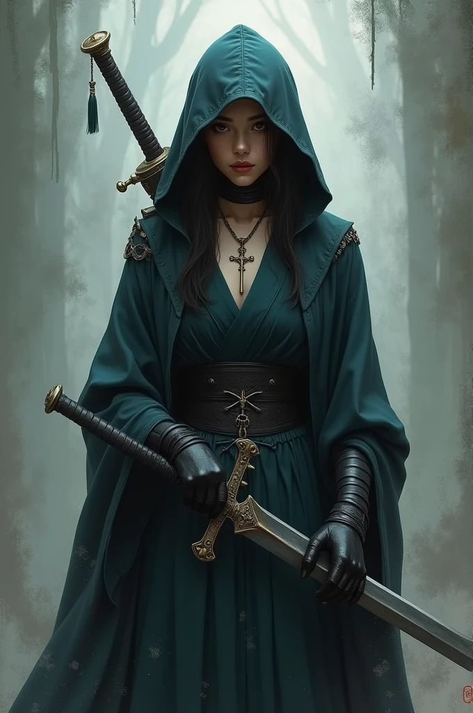 A hooded man、Female figure with a cross on her chest, Holding a long sword,artwork in the style of Gu Weiss, author:Yang J, Beautiful character painting, mysterious girl, Dark fantasy meets reality, Gu Weiss, author:Ni Zan, Inspired by Ai Xuan, author:Cold plum, author:Fan Qi, Li Song, Art cover