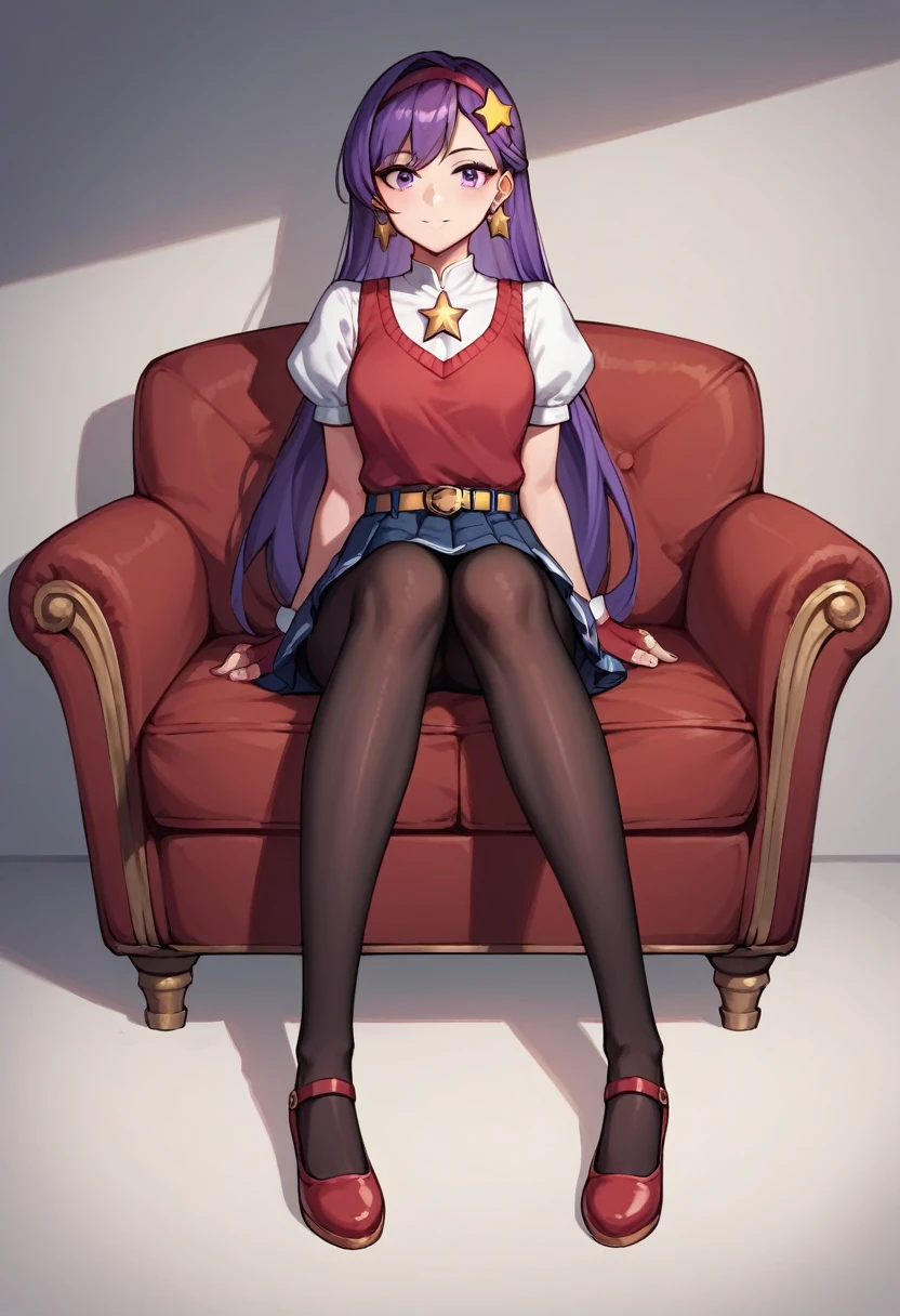 score_9, score_8_up, score_7_up, score_6_up, score_5_up, score_4_up, source_anime, 1girl,(masterpiece), (best quality), (ultra-detailed), intricate detail, athena97, 1girl, solo, purple eyes, purple hair, long hair, white earrings, red hairband, star hair ornament, medium breats, red vest, white turtleneck, white puffy sleeves, short sleeves, red pleated skirt, (deep red pantyhose:1.2), black pantyhose, yellow belt, purple sphere shape necklace, red fingerless gloves, white short socks, red shoes,   sofa, sit, room, best quality, best res, 4K UHD,
 