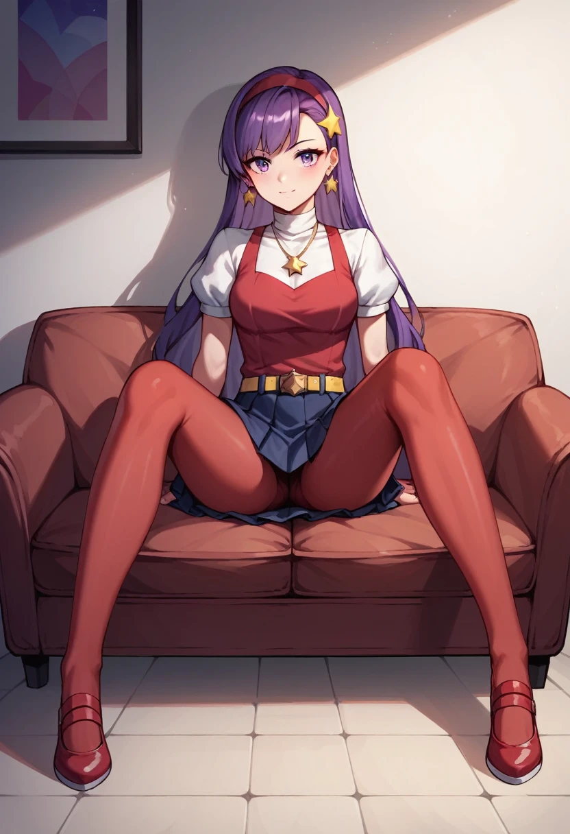 score_9, score_8_up, score_7_up, score_6_up, score_5_up, score_4_up, source_anime, 1girl,(masterpiece), (best quality), (ultra-detailed), intricate detail, athena97, 1girl, solo, purple eyes, purple hair, long hair, white earrings, red hairband, star hair ornament, medium breats, red vest, white turtleneck, white puffy sleeves, short sleeves, red pleated skirt, (deep red pantyhose:1.2), black pantyhose, yellow belt, purple sphere shape necklace, red fingerless gloves, white short socks, red shoes,   sofa, sit, room, best quality, best res, 4K UHD,
 