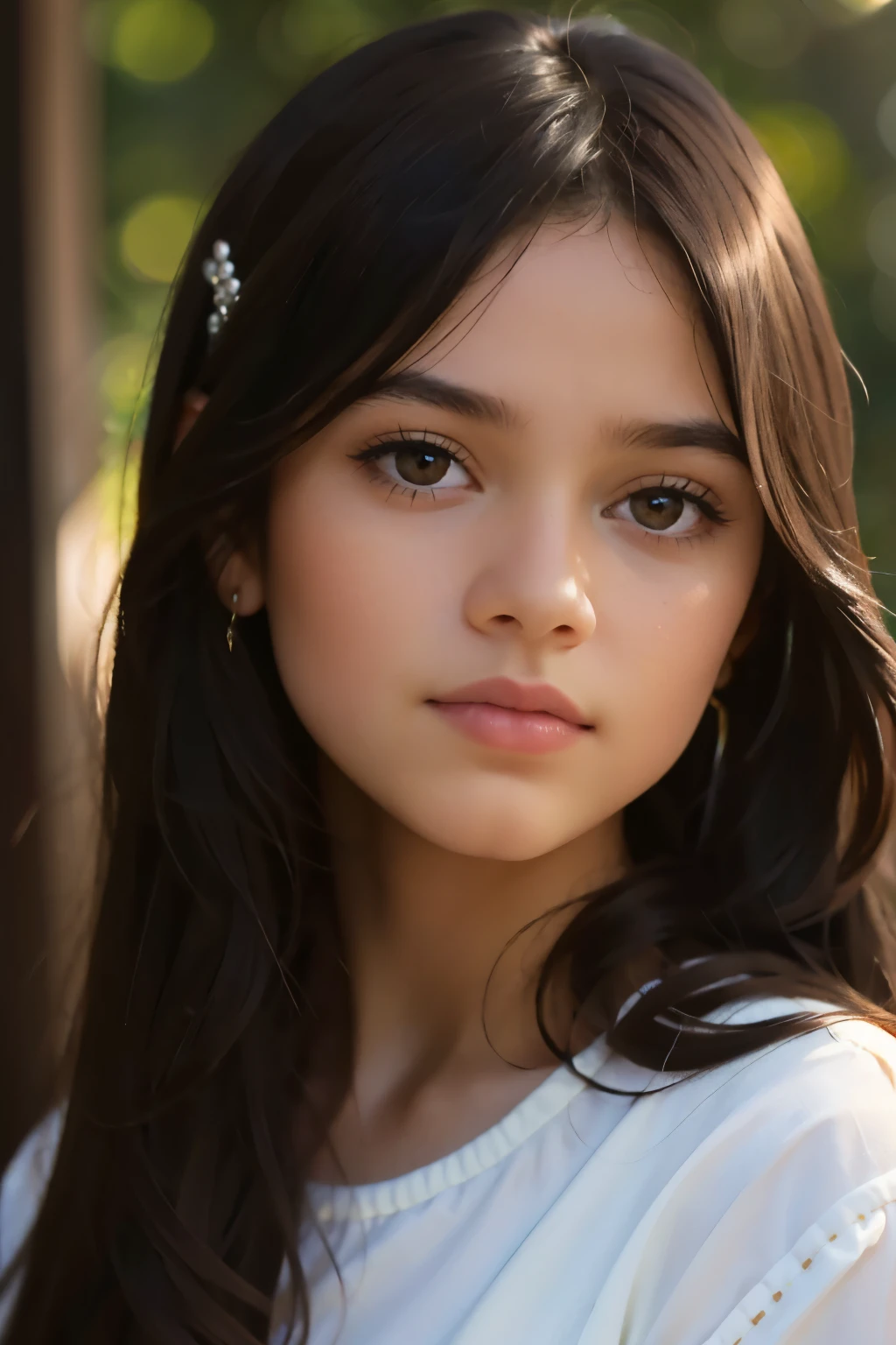 ((best quality)), ((masterpiece)), (detailed), beautiful  girl, perfect face, calm expression, soft expression, not fully smiling, (dark brown eyes), (black eyes), photorealistic, detailed long hair, perfect lighting, (young), delicate gentle, feminine, [she is wearing clothes from the late 80's], she is beautiful, she is calm, photorealistic image, long black hair, long dark brown hair, clear brown eyes, clear black eyes