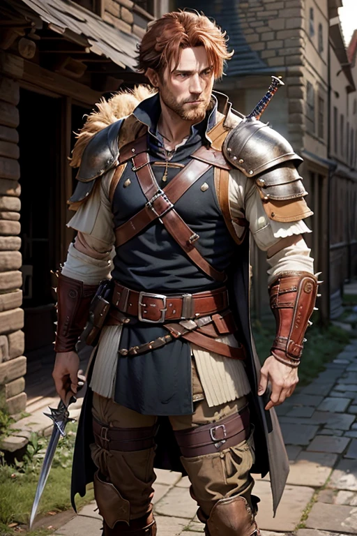 40 year old man with short spiky reddish brown hair, messy fringe hairstyle, medieval hunter clothing, brown eyes holding a sword muscular build, brown leather belt, brown leather belt boots, medieval city background with magic symbols