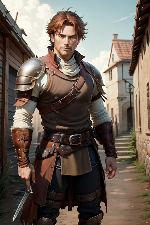 40 year old man with short spiky reddish brown hair, messy fringe hairstyle, medieval hunter clothing, brown eyes holding a sword muscular build, brown leather belt, brown leather belt boots, medieval city background with magic symbols