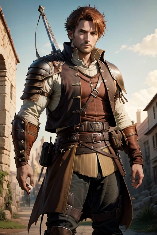 40 year old man with short spiky reddish brown hair, messy fringe hairstyle, medieval hunter clothing, brown eyes holding a sword muscular build, brown leather belt, brown leather belt boots, medieval city background with magic symbols