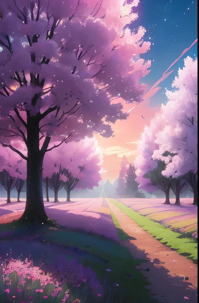 a purple tree in a field with flowers and trees, a digital painting by Mike "Beeple" Winkelmann, trending on cgsociety, conceptual art, beautiful!!! digital art, anime beautiful peace scene, anime nature wallpap, magical colors and atmosphere, 🌺 cgsociety, magical colours and atmosphere, very beautiful digital art, anime nature, beautiful anime scene