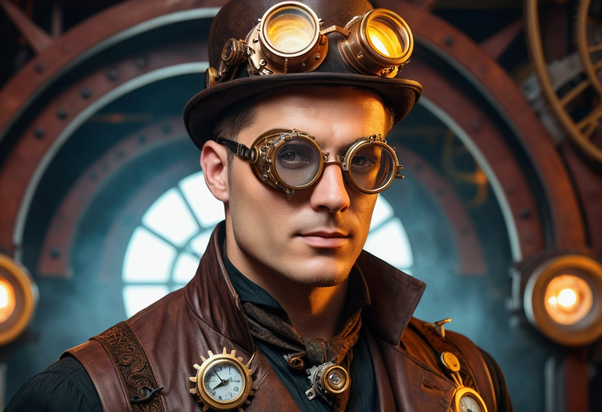 Portrait of a Handsome Steampunk Engineer
Portrait of a (handsome, attractive, clean-shaven steampunk engineer) with goggles, brass gears, industrial workshop background, hyperrealistic, detailed face, 8k, high quality,