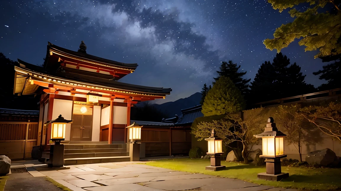 Under the dark night sky、Abe no Seimei with a solemn expression、A small drawing of Seimei、A pentagram with a cold light shining behind it、Old shrine background、Mossy stone pavement and rows of lanterns