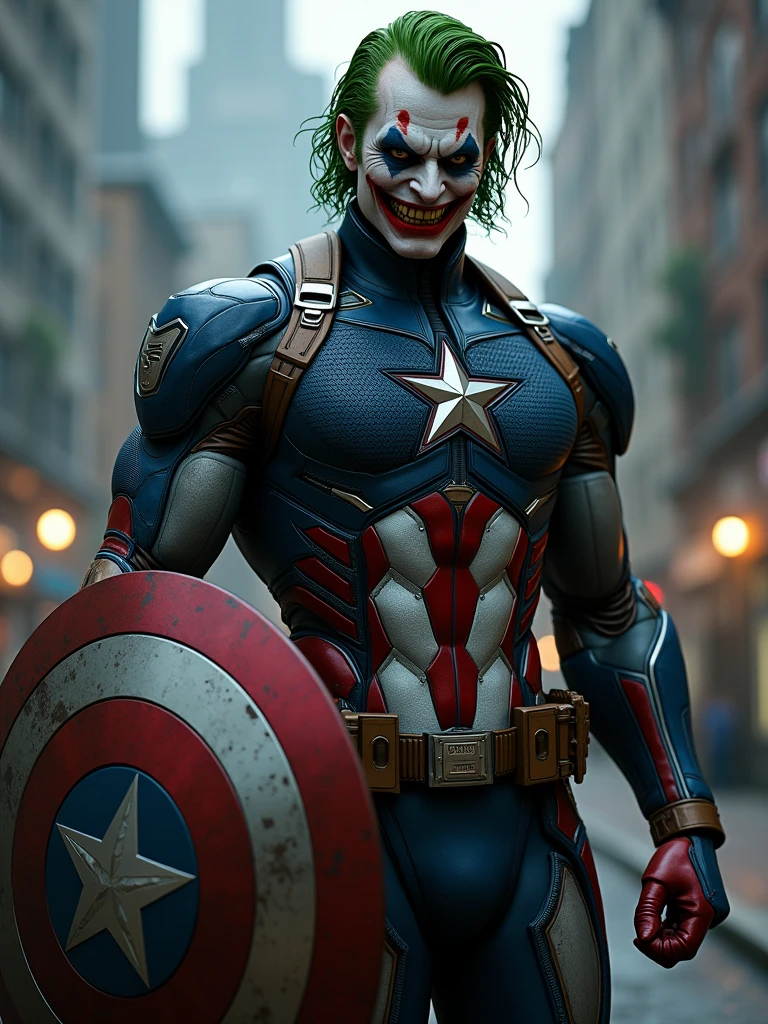 Realistic cinematic style，A character that combines Iron Man and Captain America，Joker&#39;s facial