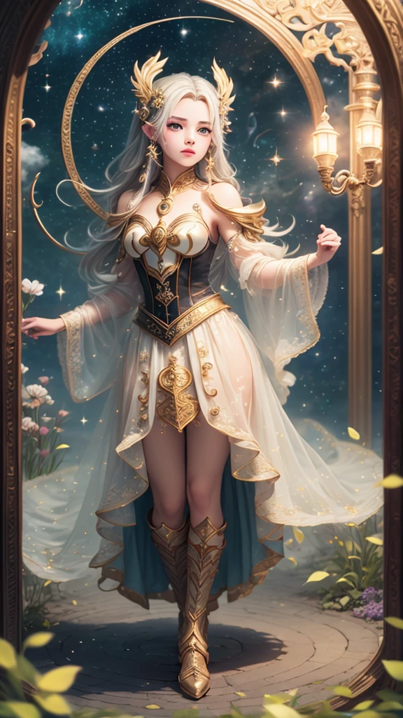 (masterpiece、Highest quality、Highest quality、Beautiful and beautiful:1.2)、Highest Resolution、8k、Perfect Eyes、Focus on the eyes、The delicate story of a girl with milky white hair、Astrologer costume、lime、lips、(Good move、The best move)、Fog rising from the feet、flash、Illumination、12 Zodiac Signs、Going around、Standing at the entrance to the ground labyrinth、Interpreting the Starry Sky、Luminous Splash in Both Hands、Overflowing、Beautiful 3D、Depth of written boundary_deep