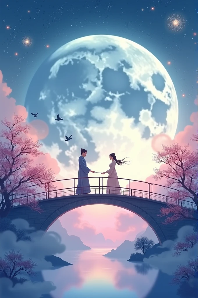 1 Chinese Valentine's Day poster design pattern, light tones, blue and purple, dream scene, warm color,The arch bridge of clouds,:: Weaver Girl and Cowherd Meet on the bridge,huge moon, fireworks, starry sky, magpiestriangular composition, rich details, top view, longshot,Chinese traditional painting,jade,lanscape,auspicious,light backgroud,best quality, pastel,soft light,4K, Plants