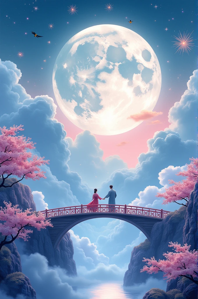 1 Chinese Valentine's Day poster design pattern, light tones, blue and purple, dream scene, warm color,The arch bridge of clouds，:: Weaver Girl and Cowherd Meet on the bridge，huge moon, fireworks, starry sky, magpiestriangular composition, rich details, top view, longshot，Chinese traditional painting，jade，lanscape，auspicious，light backgroud,best quality, pastel,soft light,4K, Plants