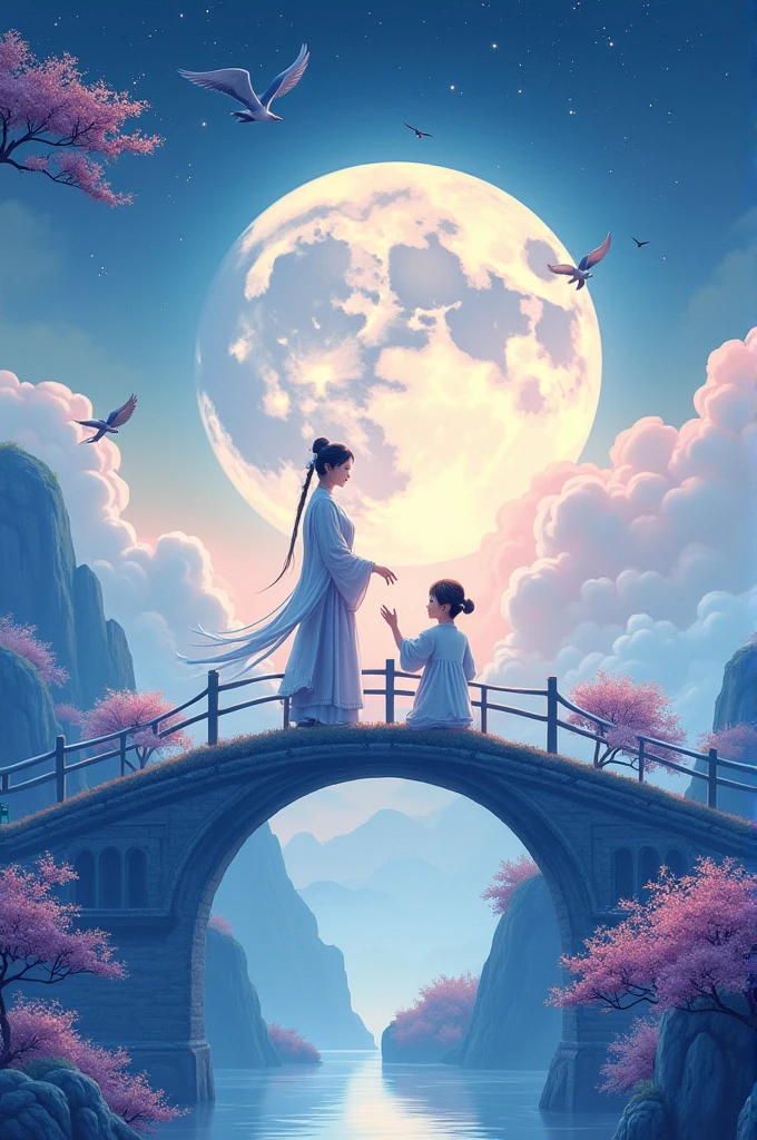 1 Chinese Valentine's Day poster design pattern, light tones, blue and purple, dream scene, warm color,The arch bridge of clouds，:: Weaver Girl and Cowherd Meet on the bridge，huge moon, fireworks, starry sky, magpiestriangular composition, rich details, top view, longshot，Chinese traditional painting，jade，lanscape，auspicious，light backgroud,best quality, pastel,soft light,4K, Plants