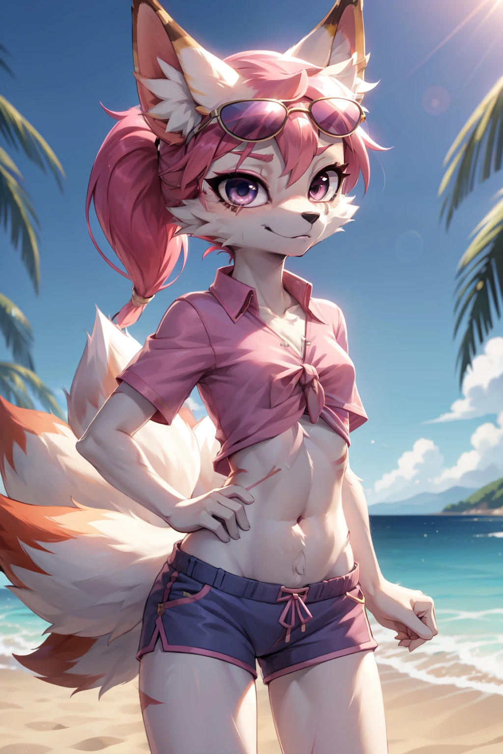 Kimiko, furry female anthro, fox girl, white body fur, Pink hair,, small breasts, detailed body fur, detailed body, detailed face, detailed eyes, ((pink tied shirt, short sleeves, sunglasses, blue shorts)) glistering body, shiny body, skinny, :3, multiple tails, multi tail, solo, body fur, (best quality), detailed beach, clear sky, cinematic lighting, looking at viewer, anime style, short ponytail, scar on the eye, 2D, uperbody,