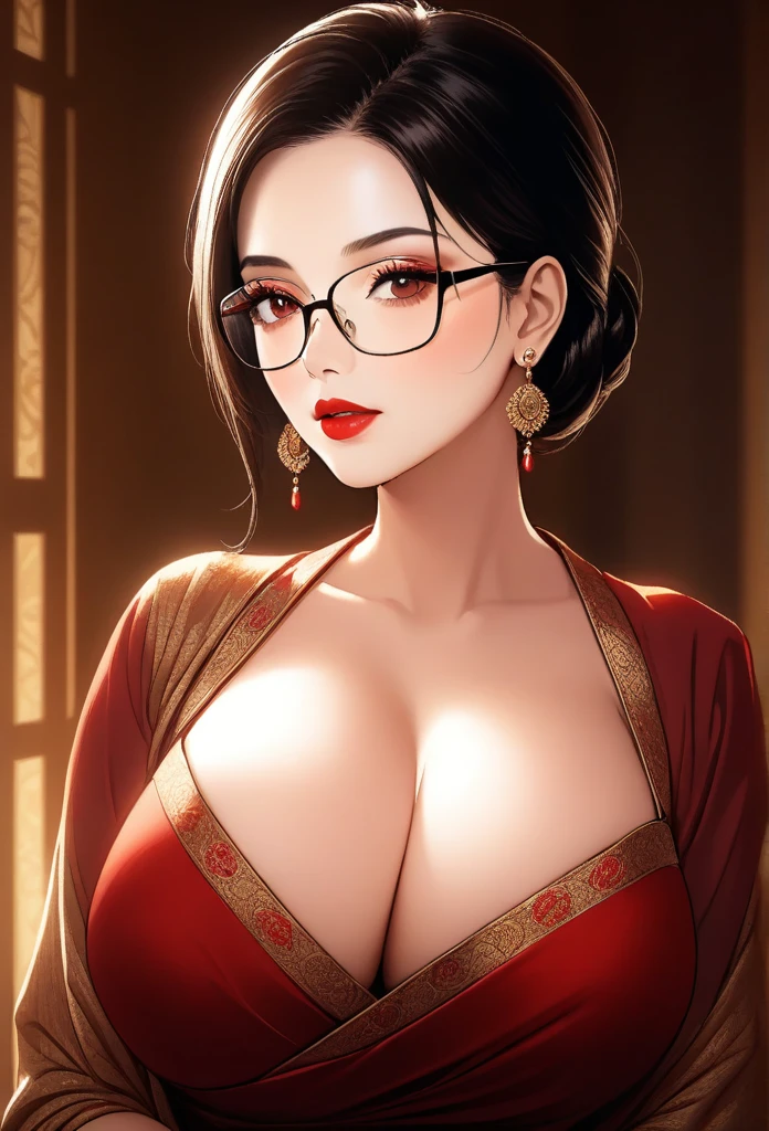 a mature lady with blunt hair, wearing aesthetic glasses, face makeup, red lipstick, saree, jhumka earrings, saggy breasts, intricate details, high quality, photorealistic, cinematic lighting, warm color tones, elegant portrait,deep cleavage,full body view,
