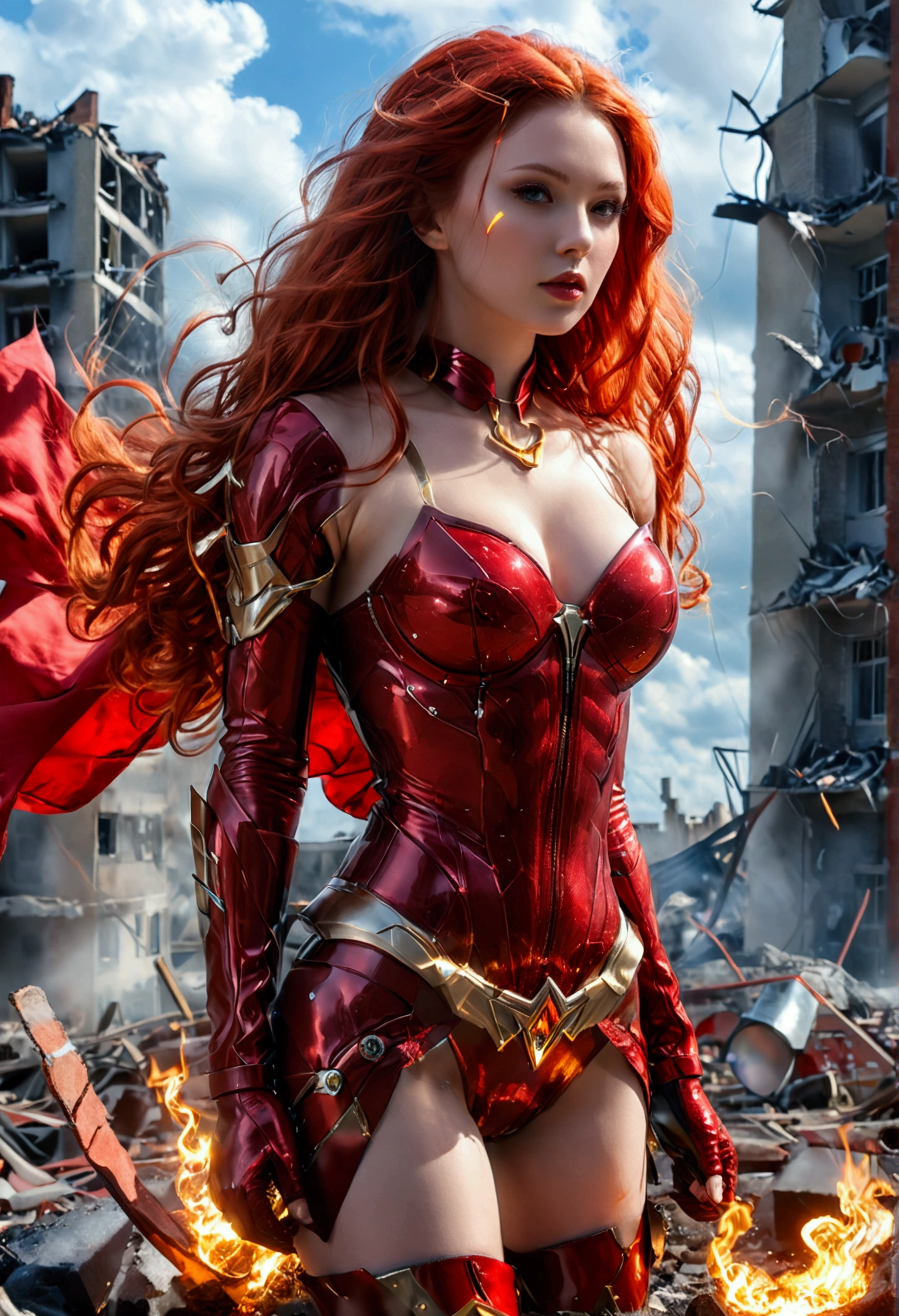 (full body shot:1.1) photorealistic image of a (standing pose:1.1) woman, ultrarealistic, photography, long red hair, girl, 24 years old, hourglass figure, perfect body, Flirty look, extremely detailed artgerm, in the style artgerm, facing the camera, lens 35 mm, blur background, scarlet witch red cosplay, floating in the air, red electric glowing hands, sparkling with red electricity, outside in darkening clouds, clouds with red electricity, full body, full body pic (full body) (full body portrait), show her from head to toe, she is wearing red knee high boots with gold soles
