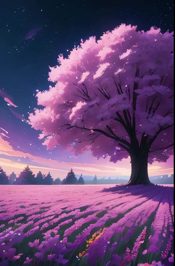 a purple tree in a field with flowers and trees, a digital painting by Mike "Beeple" Winkelmann, trending on cgsociety, conceptual art, beautiful!!! digital art, anime beautiful peace scene, anime nature wallpap, magical colors and atmosphere, 🌺 cgsociety, magical colours and atmosphere, very beautiful digital art, anime nature, beautiful anime scene