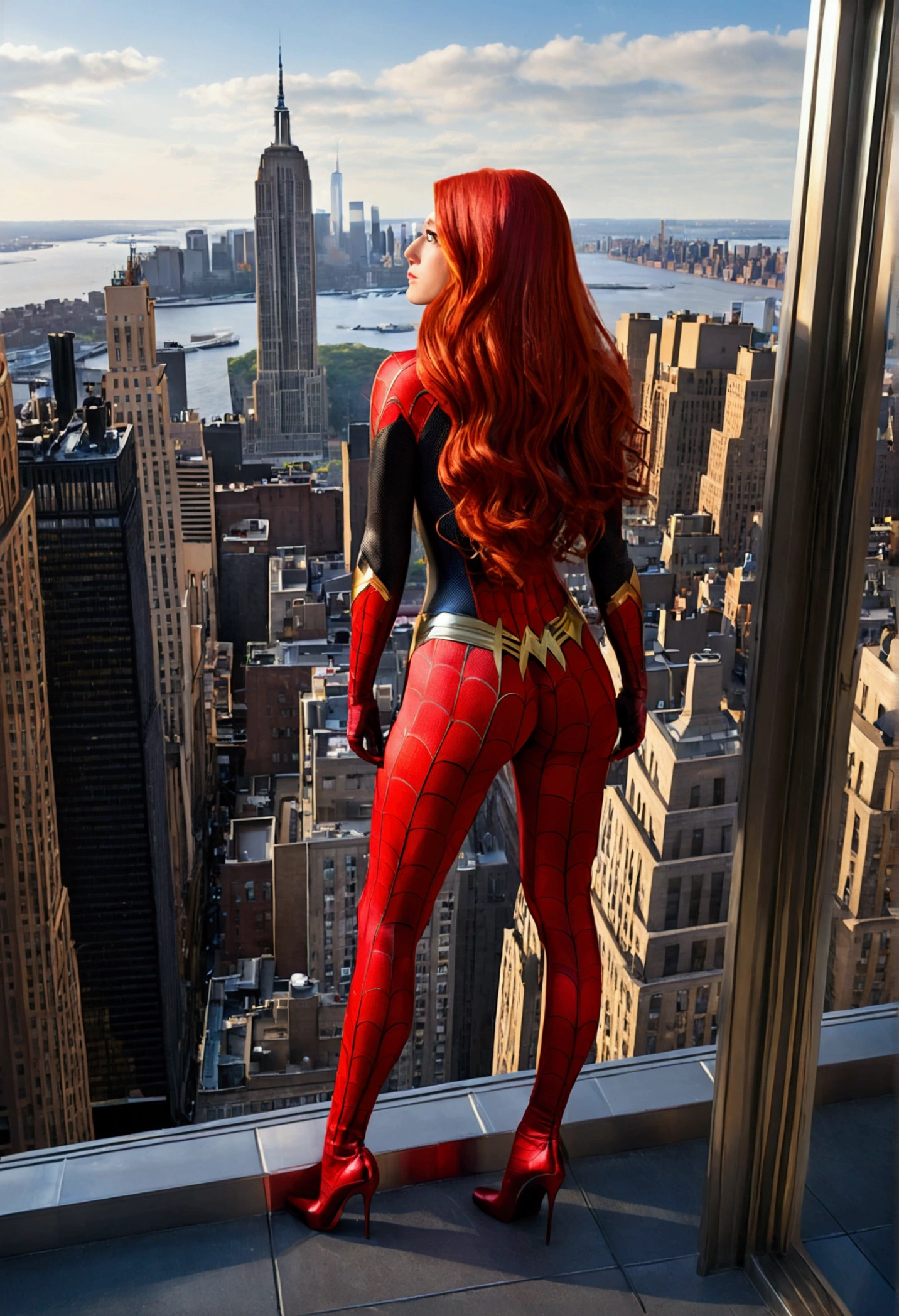 (full body shot:1) photorealistic image of a woman, ultrarealistic, photography, long red hair, woman, 24 years old, hourglass figure, perfect body, Flirty look, natural medium breasts, wearing a spider-woman suit, superhero pose, from behind, standing on side of the empire state building, sticking to a window outside with one hand, she is looking down, camera looks down onto the street below