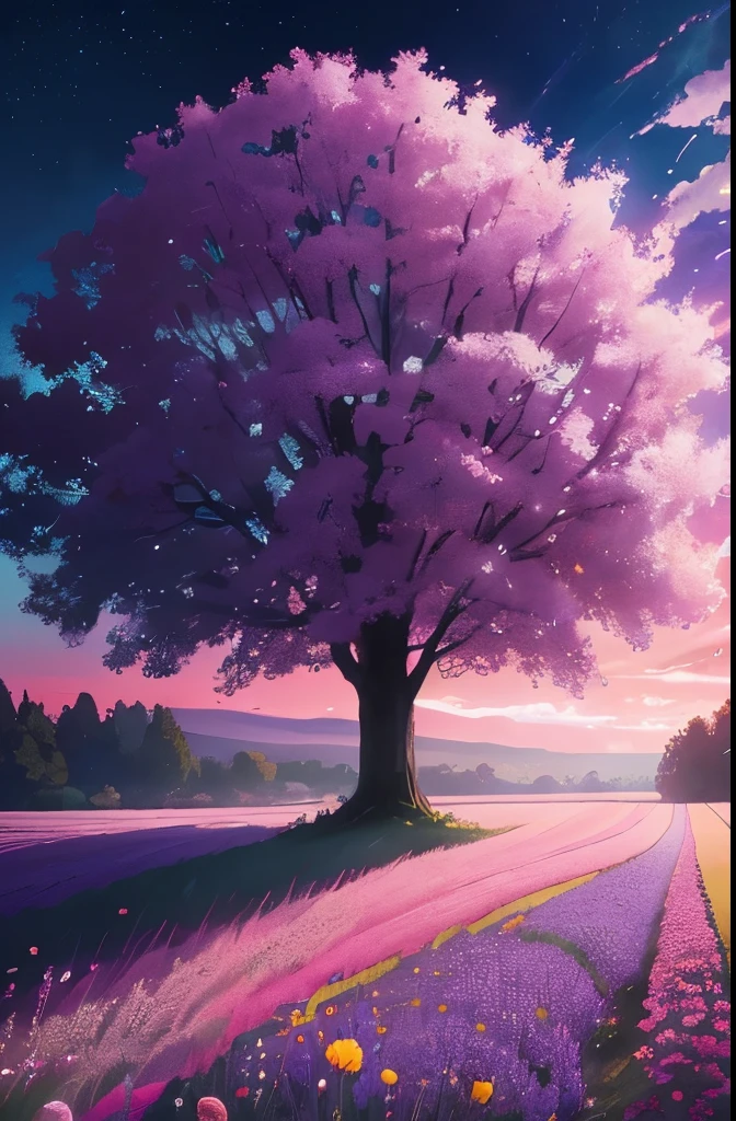 a purple tree in a field with flowers and trees, a digital painting by Mike "Beeple" Winkelmann, trending on cgsociety, conceptual art, beautiful!!! digital art, anime beautiful peace scene, anime nature wallpap, magical colors and atmosphere, 🌺 cgsociety, magical colours and atmosphere, very beautiful digital art, anime nature, beautiful anime scene