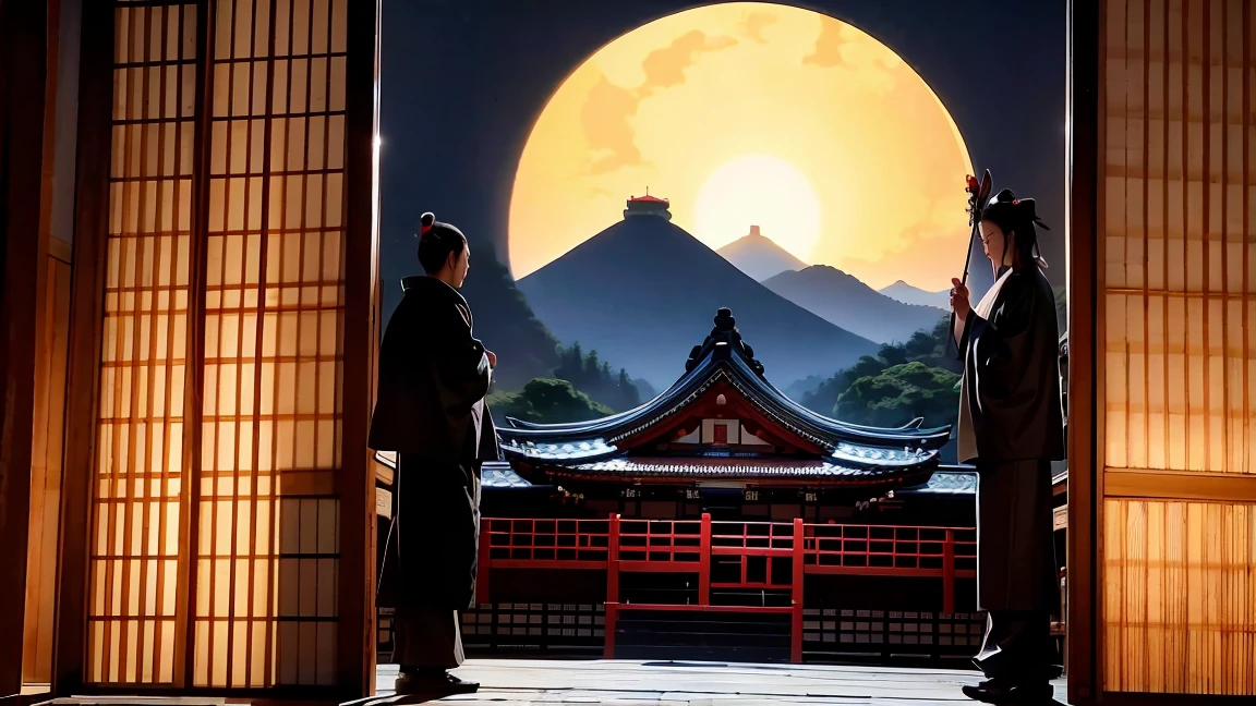 The Heian period imperial court shrouded in darkness、A small figure of Abe no Seimei standing dressed as an onmyoji、In the background, wooden buildings stand out like silhouettes.、The garden has bamboo swaying in the wind