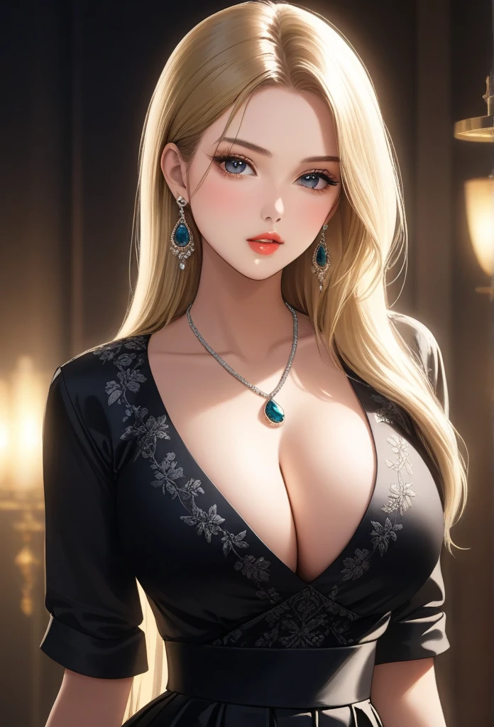 A beautiful young woman, 1girl, hourglass figure, seductive pose, printed design black traditional blouse and long skirt, silky blunt blonde hair, heavy silver jhumka earrings, cleavage, detailed face with stunning eyes, full lips, flawless makeup, dark cinematic lighting, dramatic photorealistic effect, masterpiece-level 8K rendering, ultra-detailed, realistic, photo-realistic, HDR, UHD, studio lighting, ultra-fine painting, sharp focus, physically-based rendering, extreme detail description, professional, vivid colors, bokeh, delicate necklace, wearing high heels,