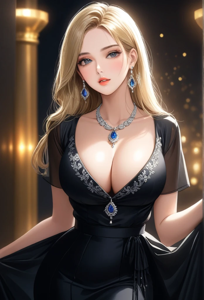 A beautiful young woman, 1girl, hourglass figure, seductive pose, printed design black traditional blouse and long skirt, silky blunt blonde hair, heavy silver jhumka earrings, cleavage, detailed face with stunning eyes, full lips, flawless makeup, dark cinematic lighting, dramatic photorealistic effect, masterpiece-level 8K rendering, ultra-detailed, realistic, photo-realistic, HDR, UHD, studio lighting, ultra-fine painting, sharp focus, physically-based rendering, extreme detail description, professional, vivid colors, bokeh, delicate necklace, wearing high heels,