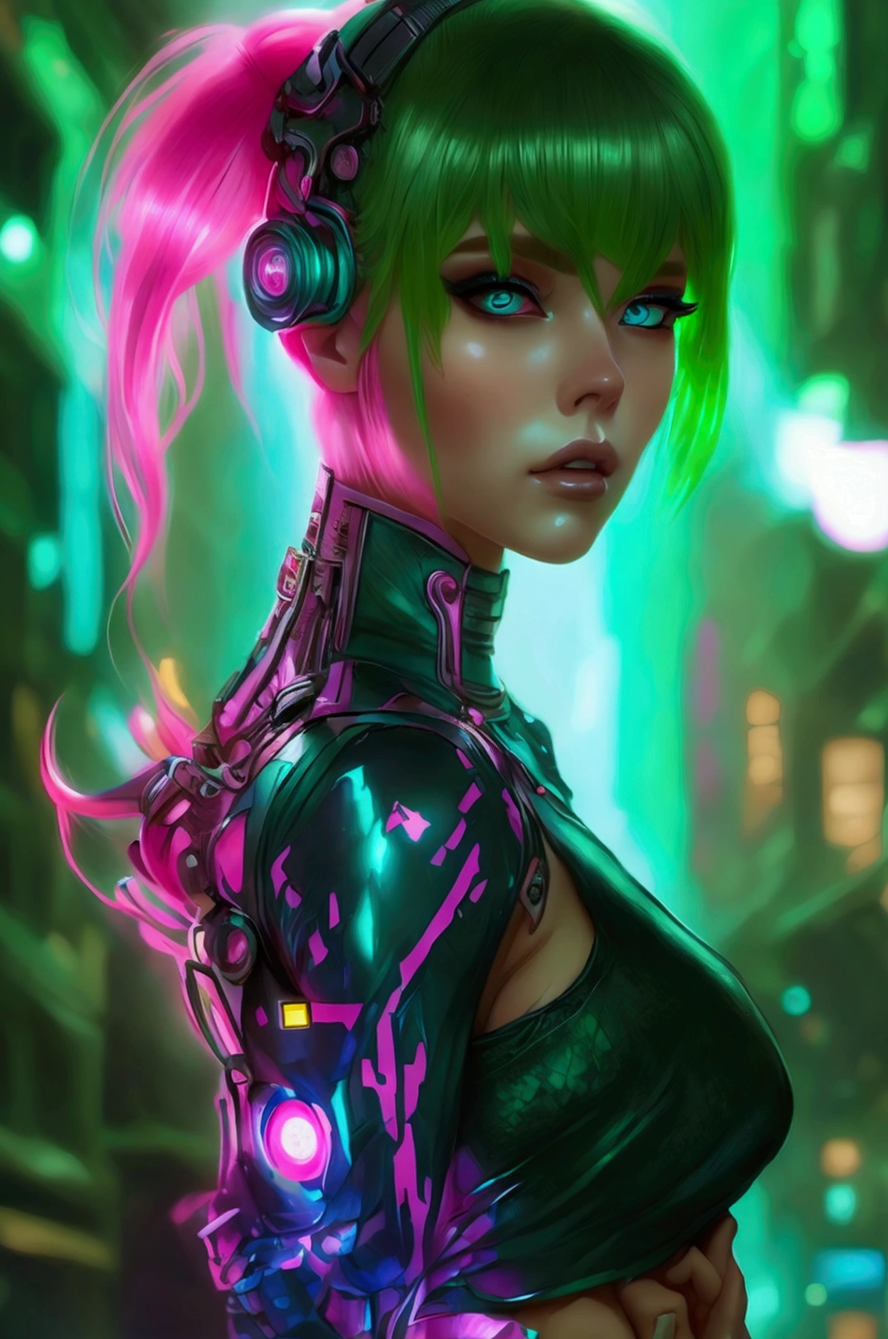 women, realistic character, green hair with pink highlights, blue eyes, cheered up, alone, modern, cyberpunk