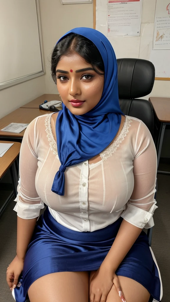 Day scene, full body photo of a plus sized 23 year old indian with a man from top view, (Masterpiece, Best Quality, High Resolution), class room Background, (cum Splash on her blouse and face, cum Splash on her face and breasts, Splash of cum, cum Splash on her gown, cum Splash on her eys), Sweet 35 year old South indian teacher sitting on a class room chair with a man, hour glass body red lips, blue colour silky hijab, lightly makeup,ultra realistic, realistic, look at viewer (cinematic:1.3), intricate details, 