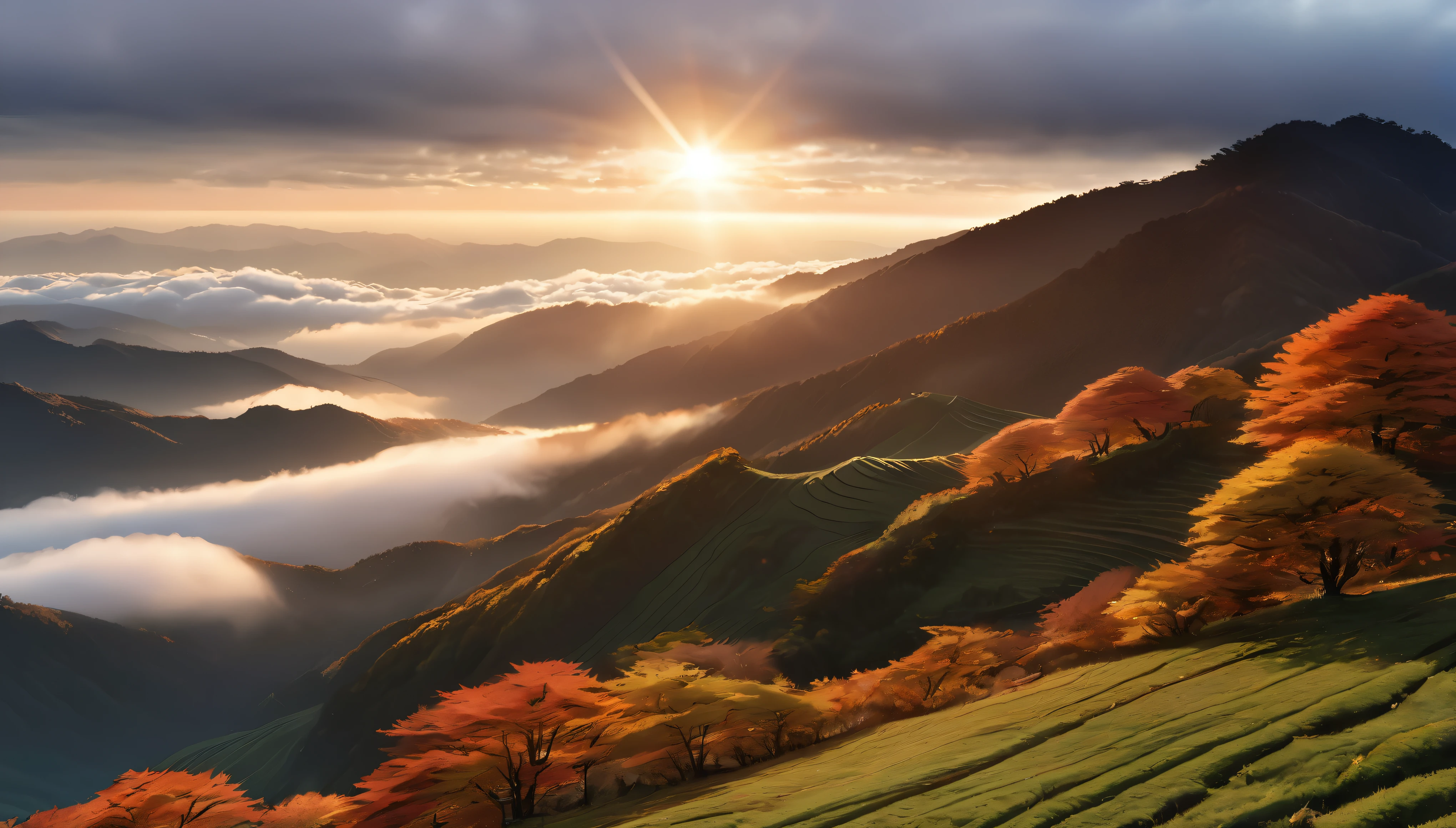 Japanese countryside, Valley, autumn, sunny, sea of clouds,morning, (Highest quality,4K,8k,High resolution,masterpiece:1.2),Very detailed,(Realistic,photoRealistic,photo-Realistic:1.37),High resolution,超High resolution,Studio Lighting,Vibrant colors,Professional