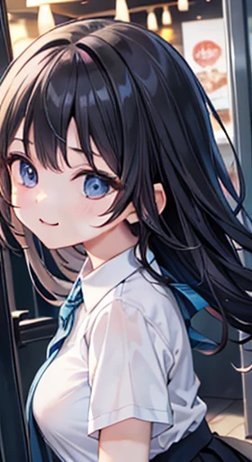 ((masterpiece, Highest quality, High resolution, 超High resolution, Pixel Perfect, Depth of written boundary, 4K, RTTX 10.0, Human Development Report))), 1 girl, single, alone, sexy anime girl, Beautiful art style, Anime characters,View the whole body, ((Long Hair, bangs, Black Hair)), ((blue eyes:1.4, Round eyes, Beautiful eyelashes, Realな目)), ((Detailed face, blush:1.2)), ((Smooth texture:0.75, Real质感:0.65, Real:1.1, Anime CG style)), Big breasts Dynamic angle, Perfect body, ((Portraiture, throw)), ((White shirt, Black Skirt, Checked skirt, black tights)),A satisfied smile, Unbutton your shirt with both hands,(The wind blew through her skirt.,Unbutton your shirt with both hands,Expose your breasts),Inside the Ferris wheel at night