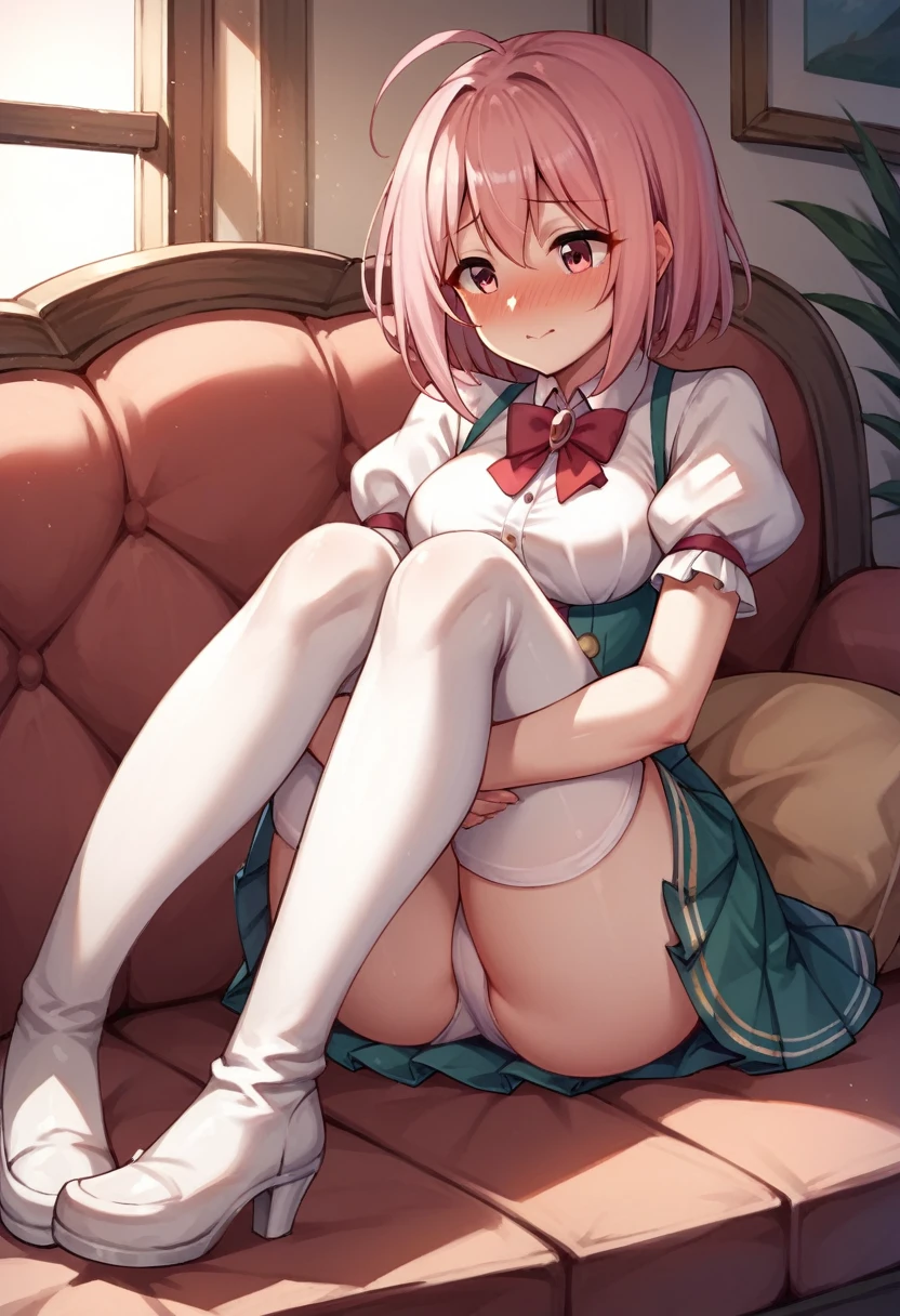score_9, score_8_up, score_7_up, score_6_up, score_5_up, score_4_up, source_anime, 1girl,1girl, solo, yui, pink hair, red pleated skirt, y sleeves, white thigh boots, white thighhighs, white footwear, yui \(princess_connect!\), blush, nose blush, medium breaom, sofa, sit, best quality, best res, 4K UHD,
 