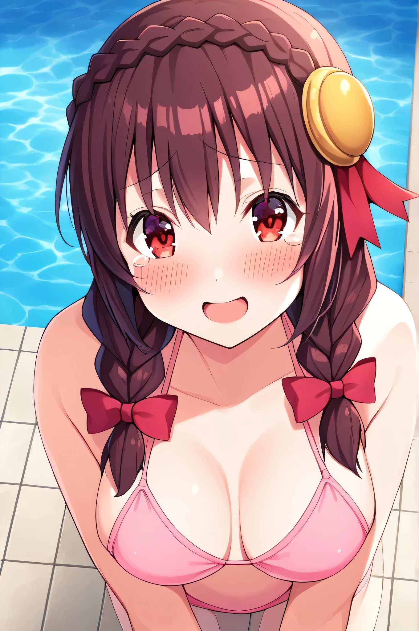 alone, One girl, Yunyun、(blush:1.5) , Crown braids of the same color as your hair, Red Eyes、hair ornaments, Hair Ribbon, (Pink Bikini)、Poolside、(A very happy look:1.5)、I'm in tears、Looking at the viewer