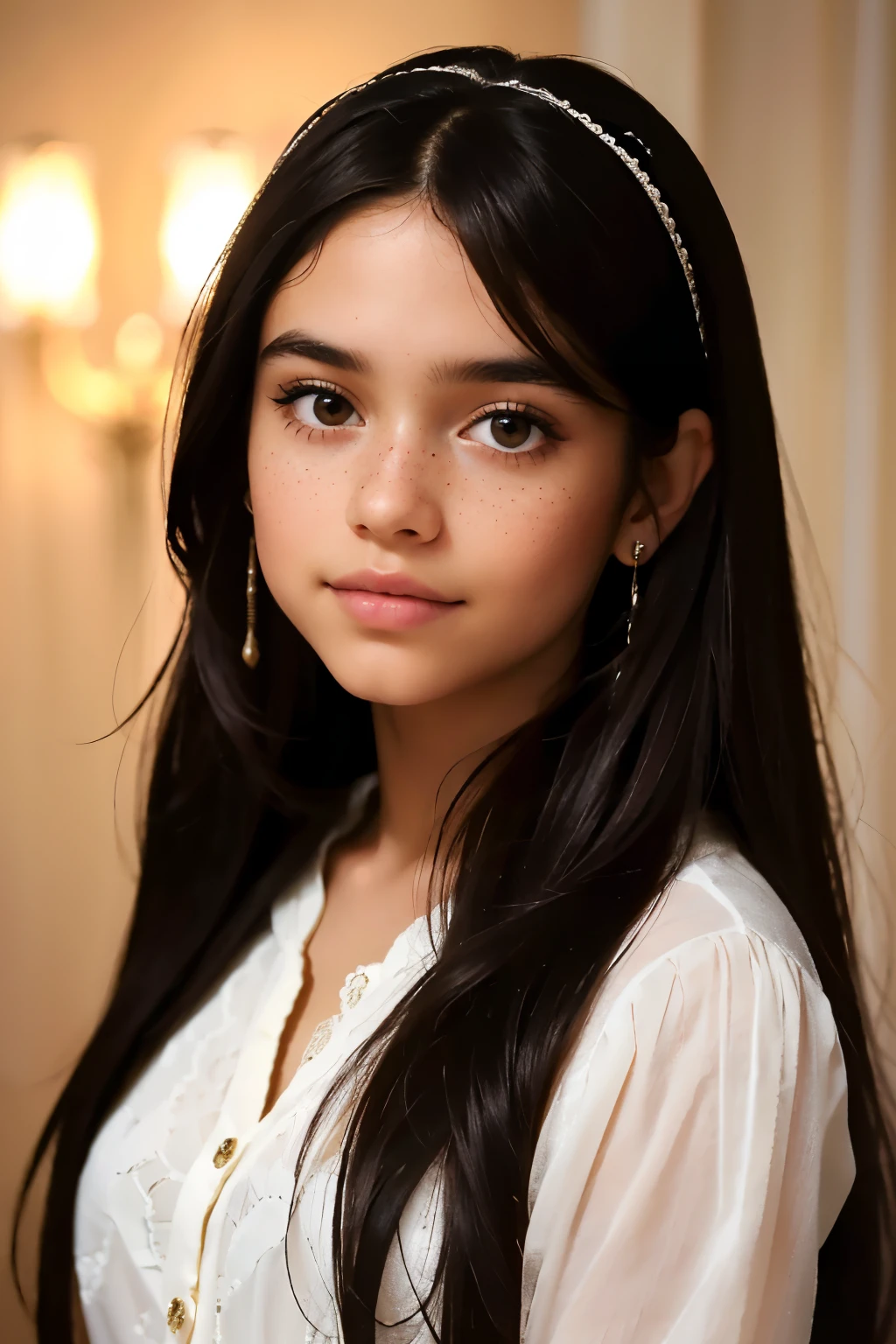 ((best quality)), ((masterpiece)), (detailed), beautiful eleven year old latina girl, perfect face, calm expression, soft expression, not fully smiling, (dark brown eyes), (black eyes), photorealistic, detailed long hair, perfect lighting, (young), delicate gentle, feminine, [she is wearing clothes from the late 80's], she is beautiful, she is calm, photorealistic image, detailed long hair, perfect lighting, (young), delicate, gentle, feminine, she is beautiful, she is calm, photorealistic image, long black hair, dark brown sheen, clear brown eyes, clear black eyes, light freckles across her cheeks, long wavy hair, long curly hair, realistic, (tanned white skin)