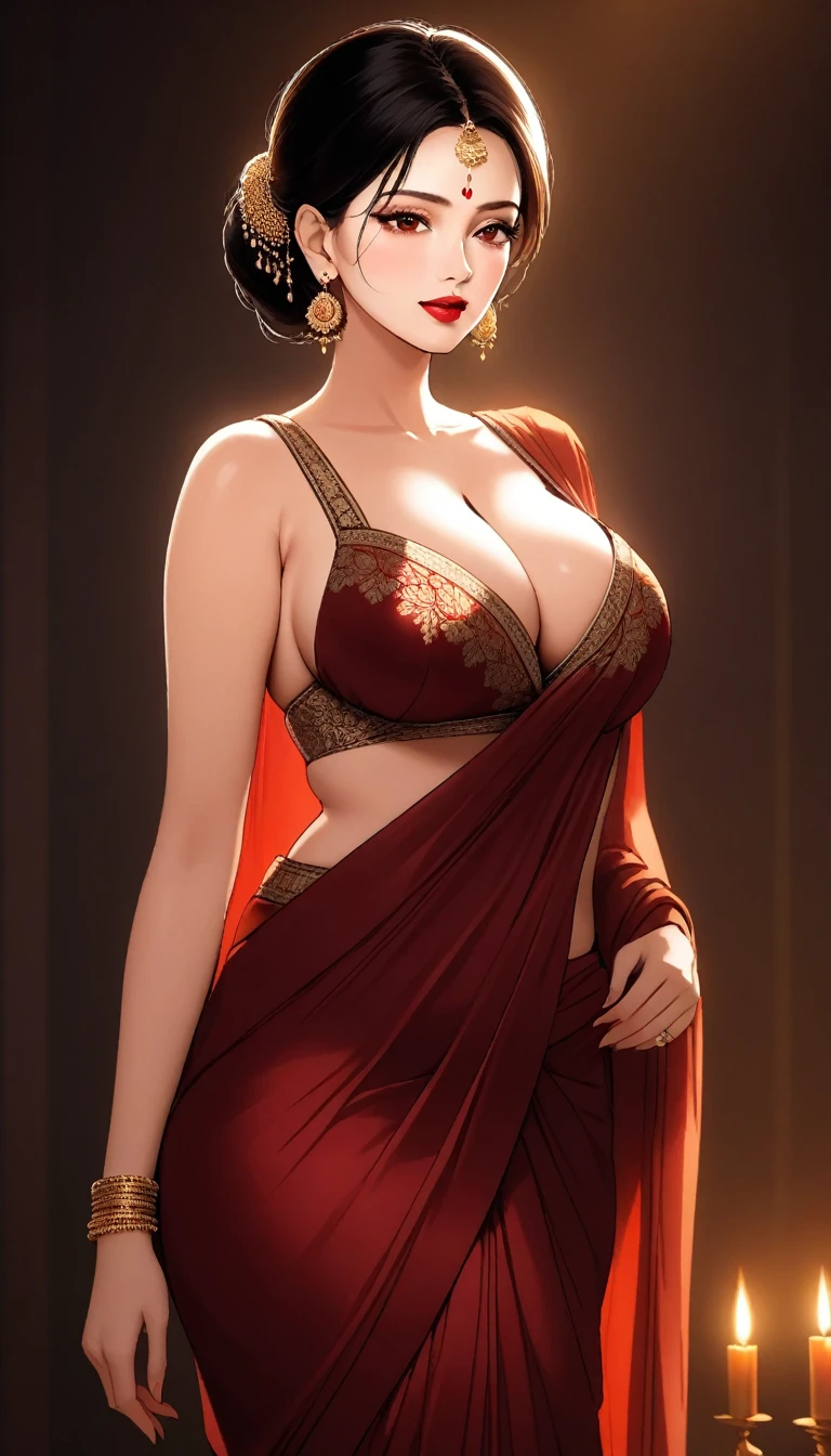 a mature lady with blunt hair, red lipstick, saree, jhumka earrings, saggy breasts, intricate details, high quality, photorealistic, cinematic lighting, warm color tones, elegant portrait,deep cleavage,full body view,