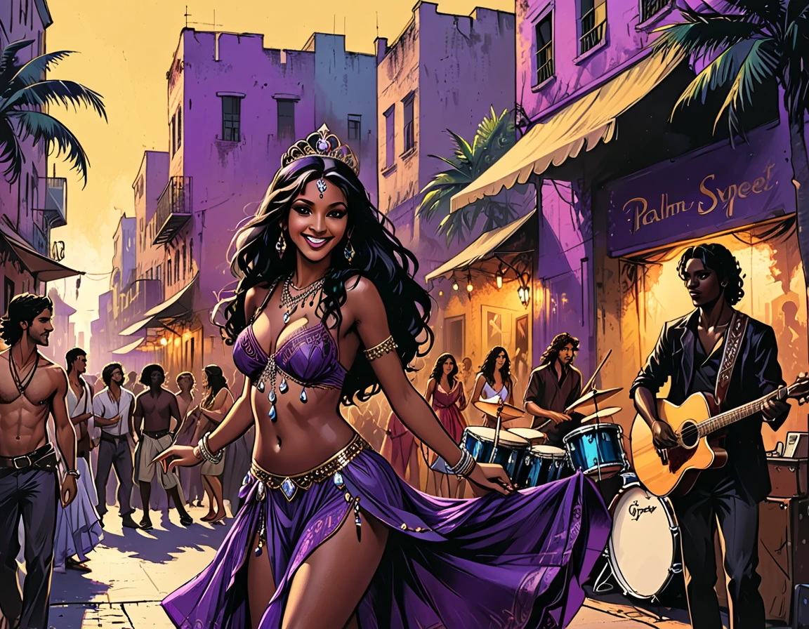 city square, smile,(gypsy dancing,black long Waves hair, black eyes, Fleshy nose, Thin nude Lips, dark makeup,(jewelry), ((tiara)), ((dark violet hood)), wearing intricate violet clothes, shawl, dark skin, mole under eye, gypsy dress, ) stage, a high stage on the street on which a gypsy dances and a music band plays, street, people looking at the stage, tropical street, palm trees, musician with a guitar, musician on drums, graphic style of novel comics, 2d, 8k, hyperrealism, masterpiece, high resolution, best quality, ultra-detailed, super realistic, Hyperrealistic art, high-quality, ultra high res, highest detailed, lot of details, Extremely high-resolution details, incredibly lifelike, colourful, soft cinematic light,