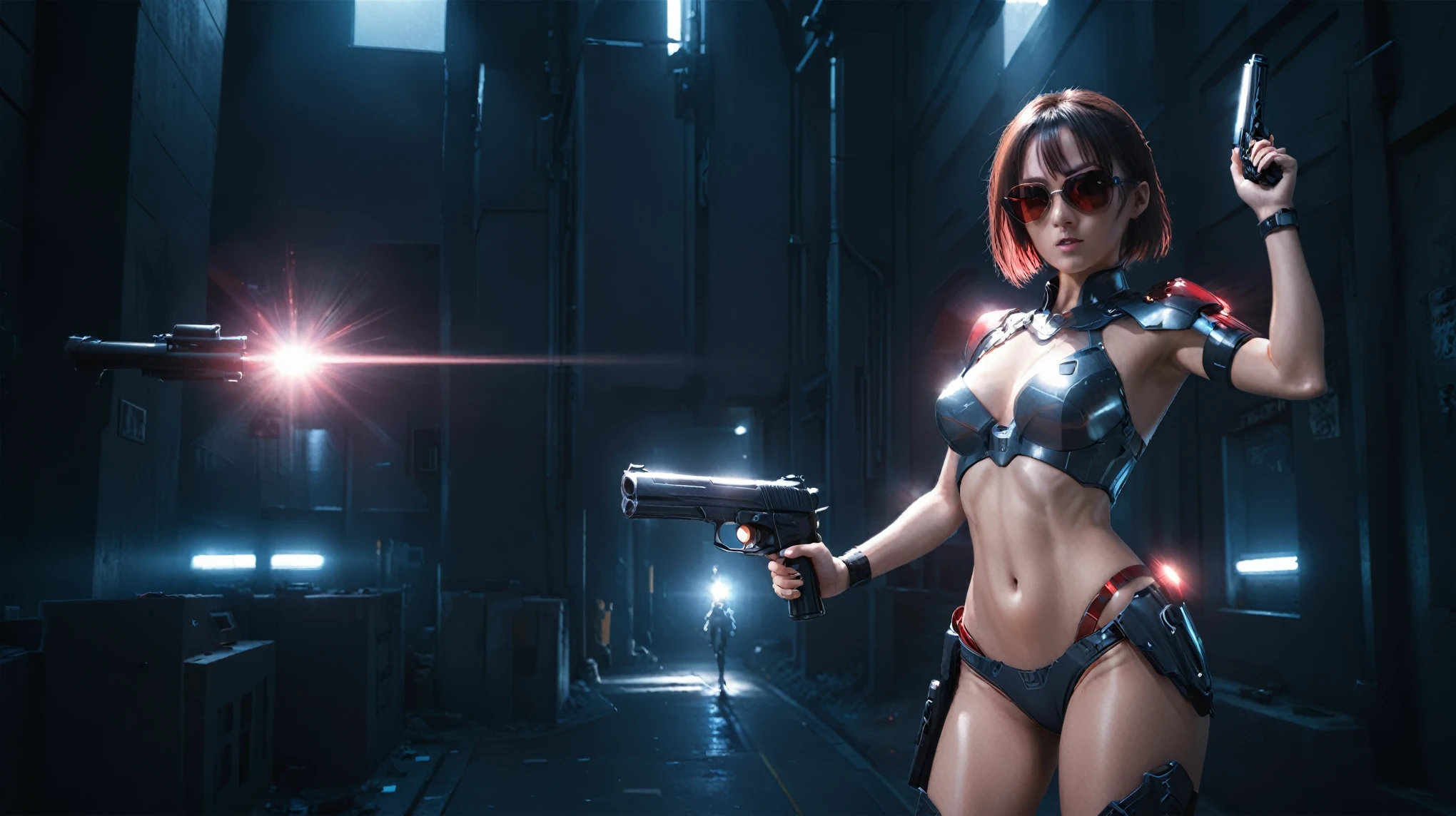 There's a cyborg woman (8k) wearing a futuristic leotard (best quality) standing in a cyberpunk city alley at night, darksynth aesthetic, red neons, haze, foggy night, ultra detailed, photorealistic, (1girl, solo, alone), large-breast:1.2 slim body, cleavage:1.1, (black sunglasses), (((she raised a pistol:1.8 and shot the viewer))), dynamic pose, (((half-body thigh level medium shot))), cinematic lighting, lens flare, ray tracing.