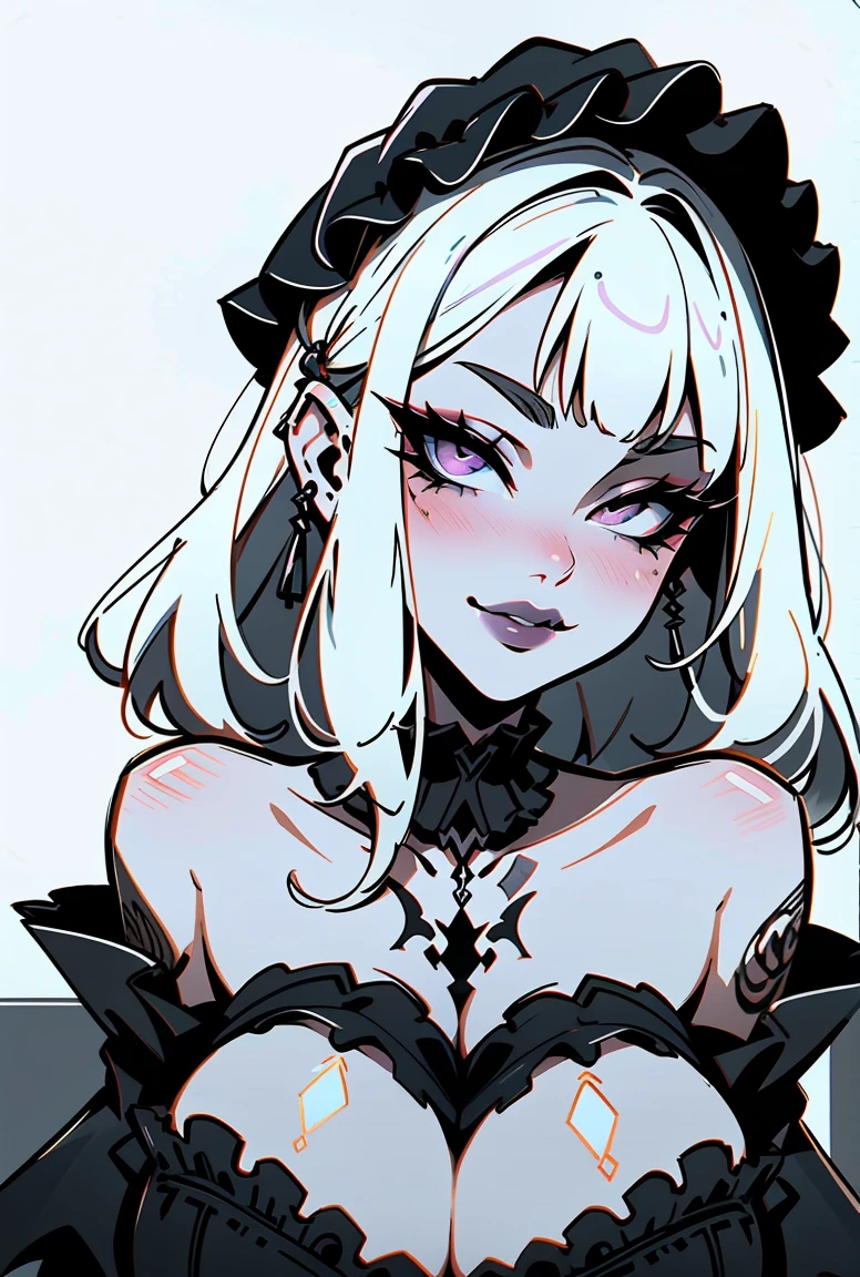 pen_sketch_style, 1girl, solo, ink, detailed face, puffy lips, gothic make up, beautiful woman, sketch, gigantic breasts, frilled dress,huge cleavage, seductive smile
