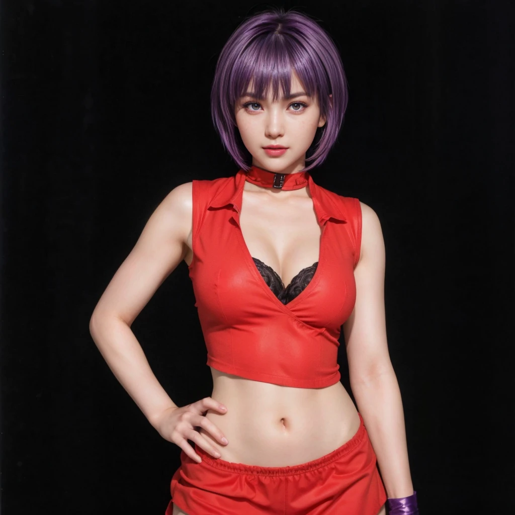 Ayane, purple hair, (best quality, ultra-detailed), (realistic:1.37), beautiful and detailed face, ultra-realistic texture, delicate face, delicate body, red lipstick, long-lasting colors. high definition, 8K. expression with a sexy look
