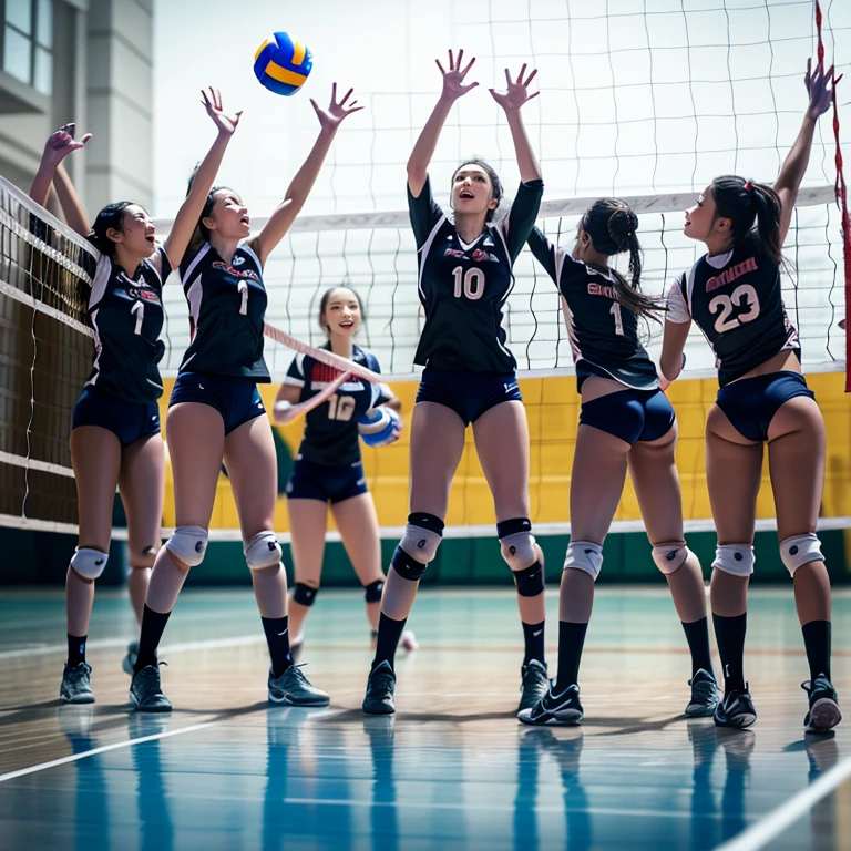 SFW, ExtremelyDetailed (((Volleyball Kids Team in a row:1.4))), Childish perfect face, Reflective Eyes, Detailed(Delicate Clothing textures), Corrected Leg to Foot Line, Corrected Perfect Hand, Dynamic Joyful Expressions LifeLike Rendering, ((Specular Reflection:1.28)), mirrors, TopQuality 8K Ultra-detailed masterpiece (ProfessionalPhoto:1.37)(Acutance:0.8),(Luminism:1.22),