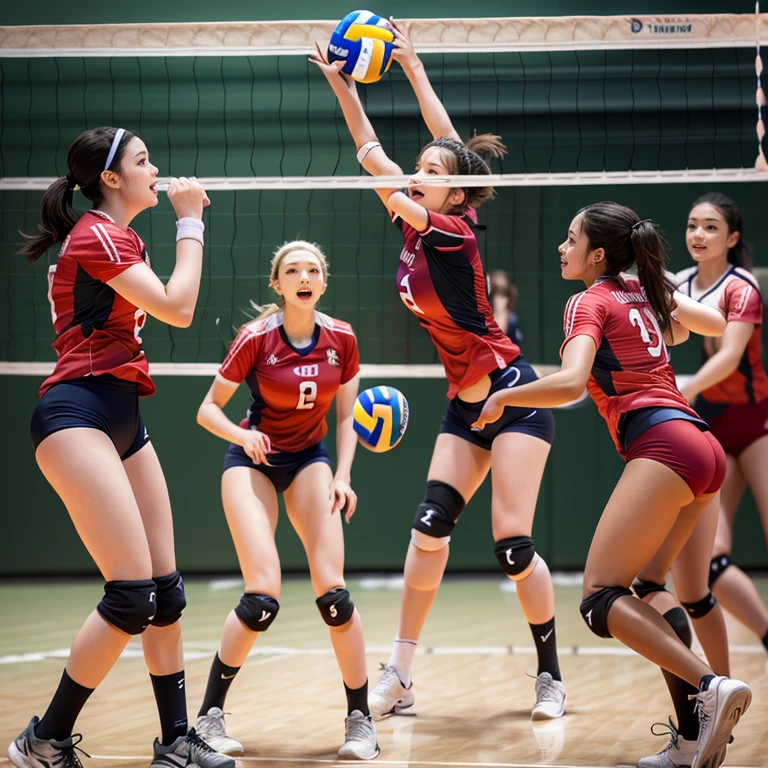 SFW,  ExtremelyDetailed (((Volleyball Kids Team in a row:1.4))), Childish perfect face, Reflective Eyes, Detailed(Delicate Clothing textures), Corrected Leg to Foot Line, Corrected Perfect Hand, Dynamic Joyful Expressions LifeLike Rendering, ((Specular Reflection:1.28)), mirrors, TopQuality 8K Ultra-detailed masterpiece (ProfessionalPhoto:1.37)(Acutance:0.8),(Luminism:1.22),