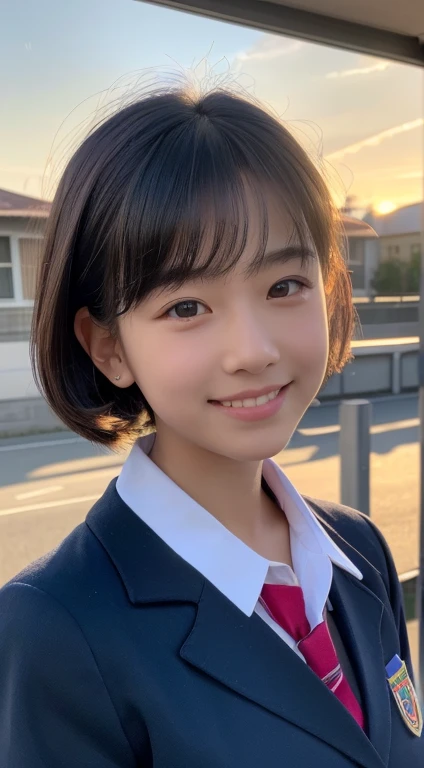 (Highest quality,8K quality,masterpiece:1.3),(Ultra-high resolution,Photorealistic:1.4,RAW Photos),(Very detailed,Caustics,Detailed Background),(Ultra-Realistic Capture,Fine and beautiful skin,Perfect Anatomy),At dusk,Sunset sky,School building,Schoolyard,18-year-old,cute,single eyelid,Black short bob,School Blazer Uniform,looking at the camera,Laughter,Bust up shot,Natural soft light