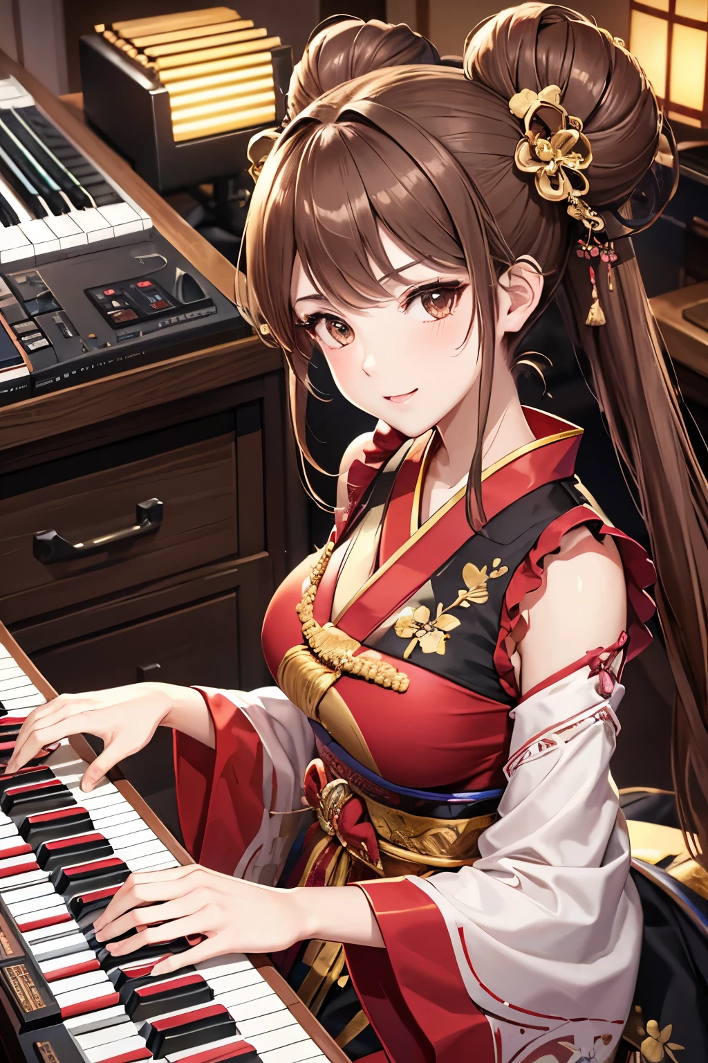 Top quality, ample limbs, perfect fingers, slender beauty, twin-tailed bun hairstyle, brown hair, Deresute, A costume of haori and hakama with a flashy pattern,Band instrumentskeyboard, beautiful large breasts, live stage, Playing Band InstrumentsKeyboard