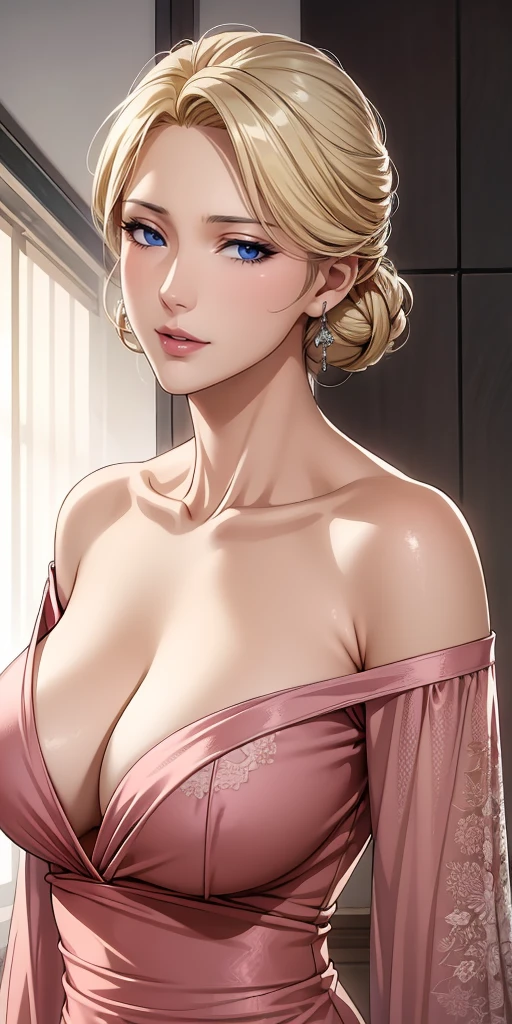 Elegant mature woman, milf, blue eyes, blonde hair, soft light, 4k resolution, high quality, beautiful cg