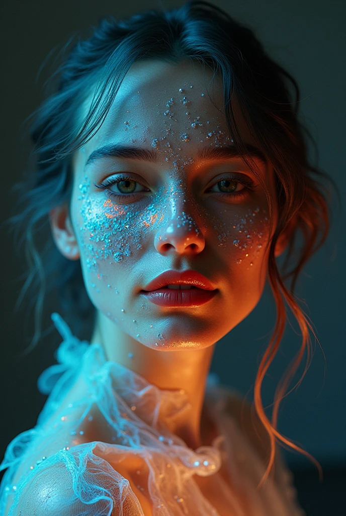 Hologram of a woman and a bird mixed together, Stylish aesthetics, crazy woman, Model is watching the viewer, Gucci Colors, Extremely detailed, Movie, Movie Stills, Practical, 35 mm, 1.四 f, 8K
