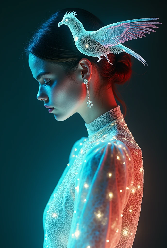 Hologram of a woman and a bird mixed together, Stylish aesthetics, crazy woman, Model is watching the viewer, Gucci Colors, Extremely detailed, Movie, Movie Stills, Practical, 35 mm, 1.四 f, 8K