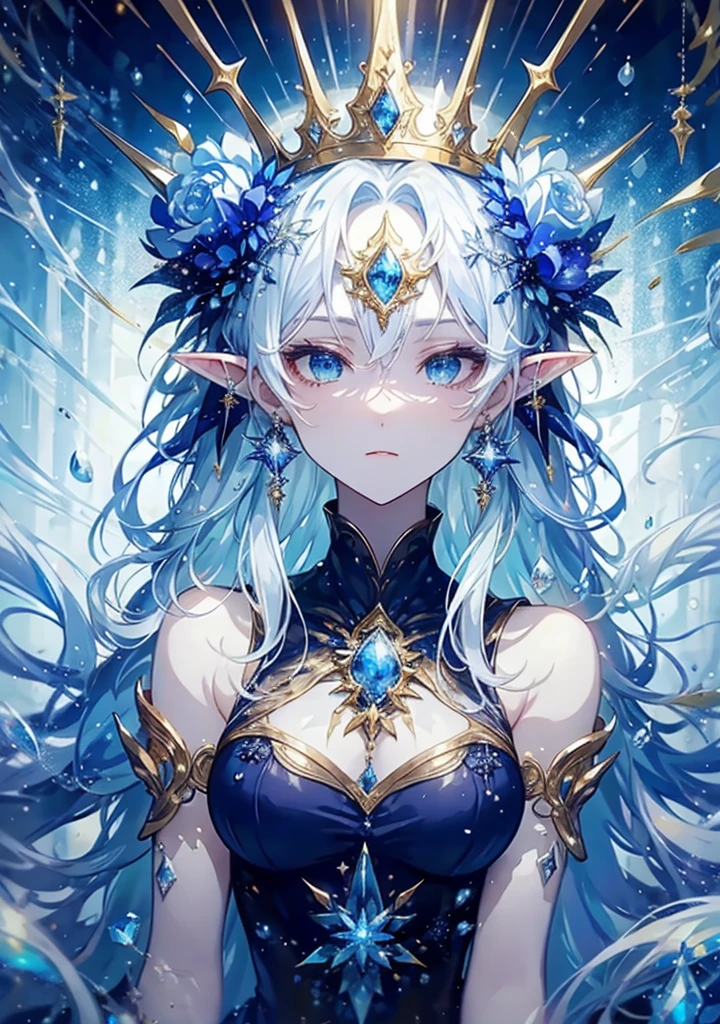 She wears a crown of golden silk threads over her icy blue hair., Pointy Ears, girl, Good face, blue crystal pendant necklace, Snow-white breasts, Long Blue Water Skirt, Exquisite and beautiful, The skirt has々It comes with a small drop-shaped pendant made of precious gemstone., figure, Master Parts, Fantasy, blue flower, Lakeside, Film Lens, Strong light and shadow