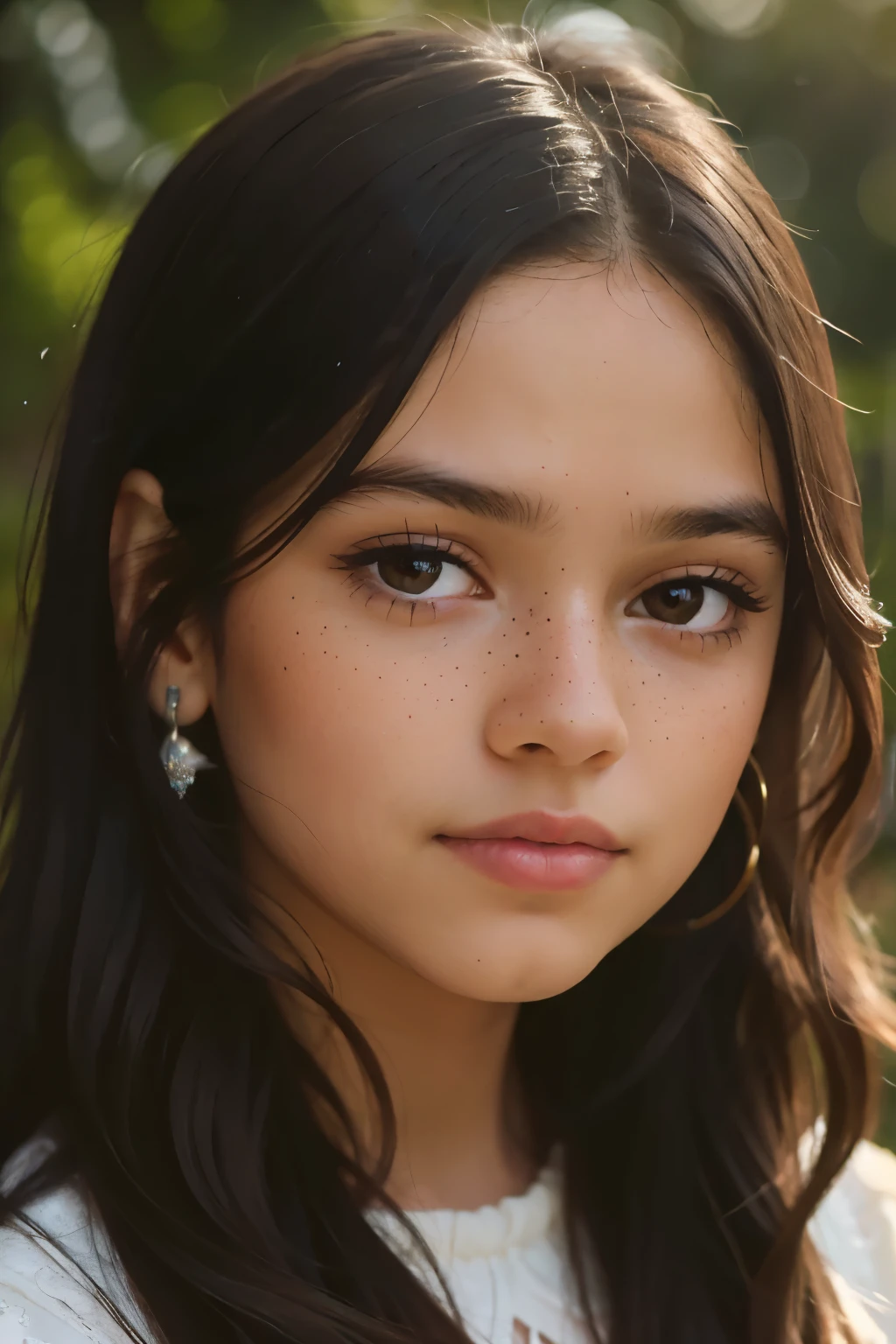 ((best quality)), ((masterpiece)), (detailed), beautiful nine year old latina girl, perfect face, calm expression, soft expression, not fully smiling, (dark brown eyes), (black eyes), photorealistic, detailed long hair, perfect lighting, (young), delicate gentle, feminine, [she is wearing clothes from the late 80's], she is beautiful, she is calm, photorealistic image, detailed long hair, perfect lighting, (young), delicate, gentle, feminine, she is beautiful, she is calm, photorealistic image, long black hair, dark brown sheen, clear brown eyes, clear black eyes, light freckles across her cheeks, long wavy hair, long curly hair, realistic, (tanned white skin)