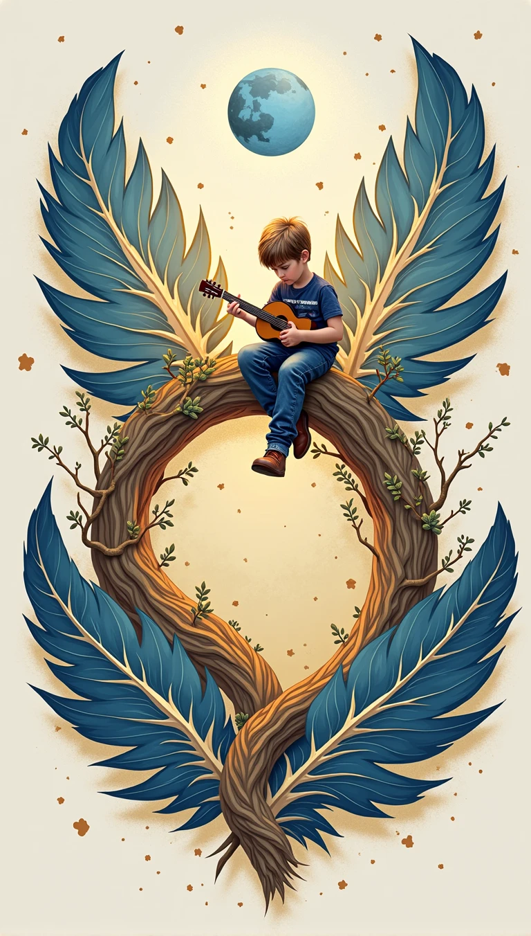 Create a cinematic, abstract symbol for a storytelling production brand based on stories and dreams called " Penamemoria". The logo should convey a fantasy theme and include the company of a boy and a feather. Fantastic, memorable, poetic, dreamy, sitting against a tree and playing guitar to a fantastic, unique, poetic white-blue-golden feather.