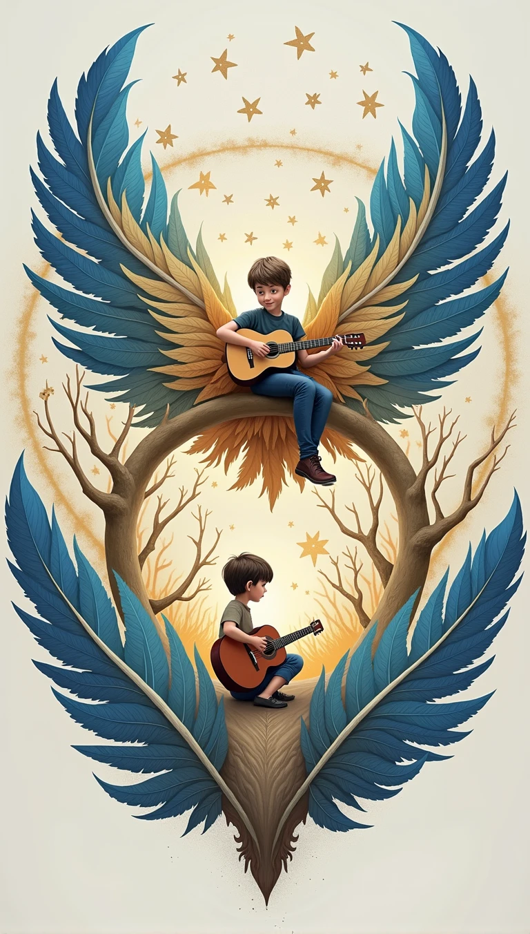 Create a cinematic, abstract symbol for a storytelling production brand based on stories and dreams called " Penamemoria". The logo should convey a fantasy theme and include the company of a boy and a feather. Fantastic, memorable, poetic, dreamy, sitting against a tree and playing guitar to a fantastic, unique, poetic white-blue-golden feather.