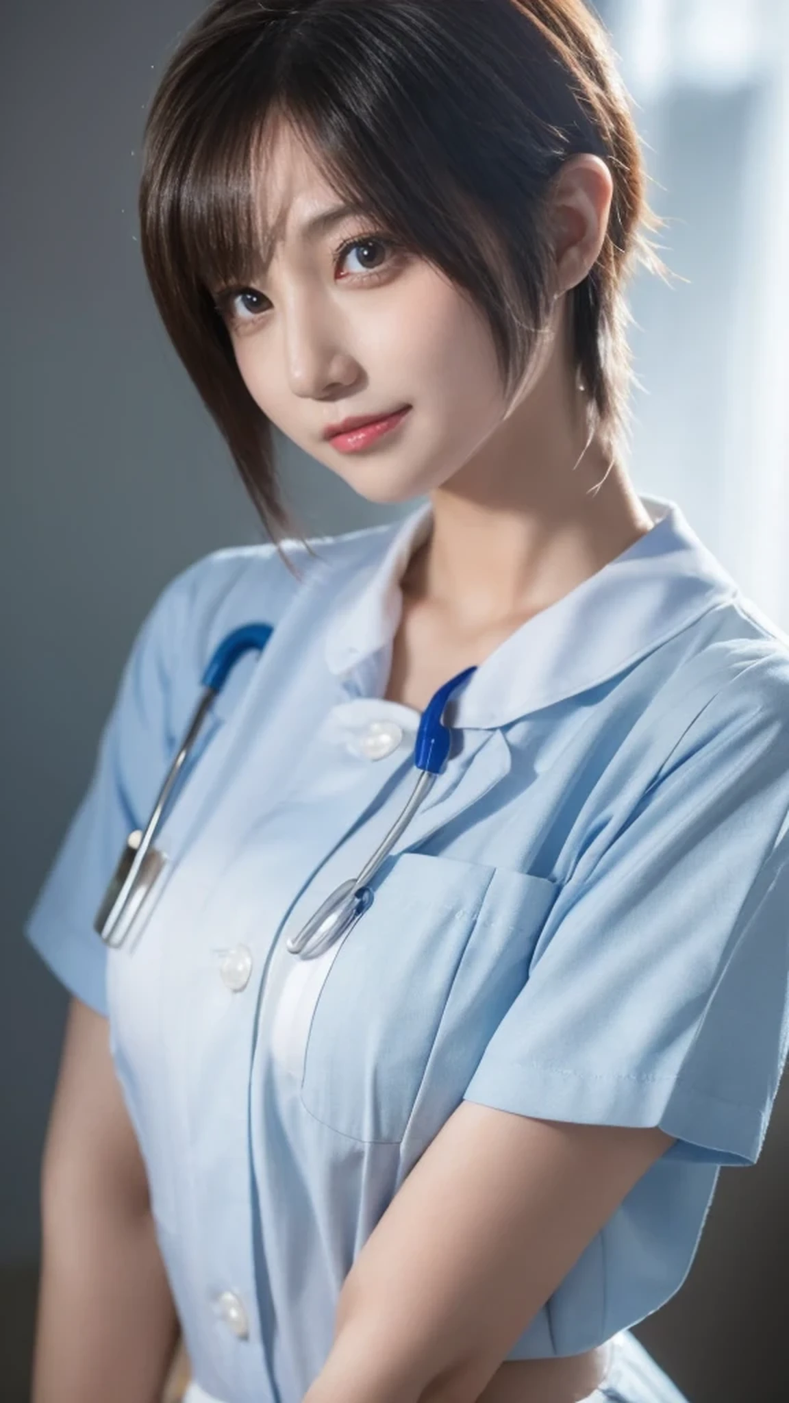 Inside the hospital、nurse, Attractive nurse woman, Very sexy, A kind smile、As a retro-future heroine, elegant and charming cosplay, amouranth as a super villain, Slender young body, masterpiece, Masterpiece best quality, Highest quality ultra detailed, Super detailed highres, High resolution, High resolution 4K, 4l 4k portrait, 4k portrait 8k, 8k 8k portrait, 8k portrait unity 8k wallpaper, extremely detailed CG unity 8k wallpaper, Extremely detailed CG Unity 8k wallpaper realistic, Realistic RAW photo, Raw photo real person, Real people portrait photography, Photorealistic portrait photography, Photorealistic shiny skin, Shiny skin Detailed skin, Detailed, dynamic pose