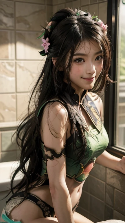 Guan Yinping, Black发, brown eyes, hair accessories, hair flower, Half body, Black, 上Half body，pretty face，Lovely，high school student，Smile，bath，Wash your hair，Wet body，bathroom，Flushing，Wear underwear