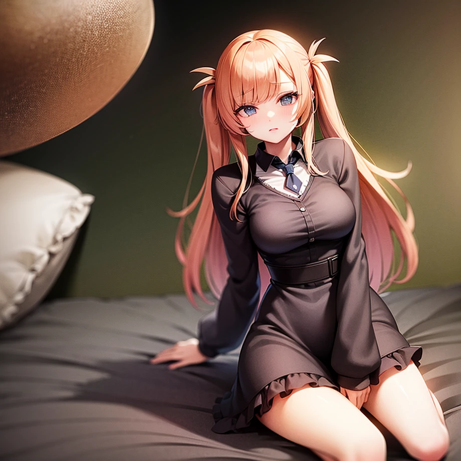The girl wear a night suit and here two hand touching a pennies and here hair so straight and he sit on a bed